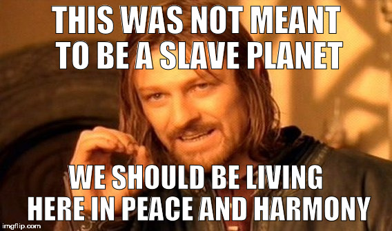 One Does Not Simply | THIS WAS NOT MEANT TO BE A SLAVE PLANET; WE SHOULD BE LIVING HERE IN PEACE AND HARMONY | image tagged in memes,one does not simply | made w/ Imgflip meme maker