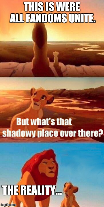 Simba Shadowy Place | THIS IS WERE ALL FANDOMS UNITE. THE REALITY... | image tagged in memes,simba shadowy place | made w/ Imgflip meme maker