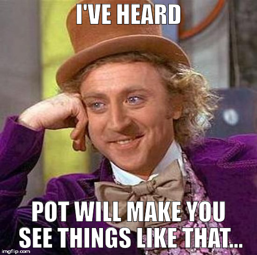 Creepy Condescending Wonka Meme | I'VE HEARD POT WILL MAKE YOU SEE THINGS LIKE THAT... | image tagged in memes,creepy condescending wonka | made w/ Imgflip meme maker