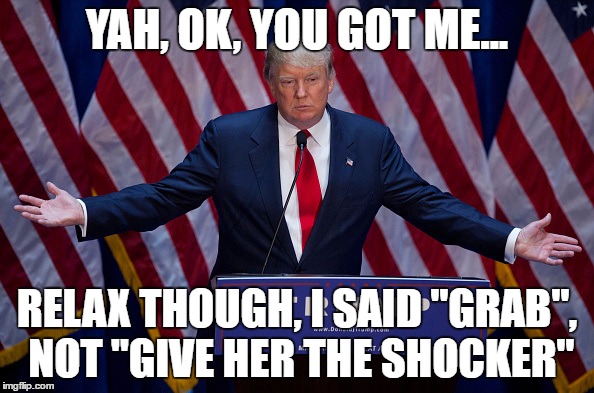 Donald Trump | YAH, OK, YOU GOT ME... RELAX THOUGH, I SAID "GRAB", NOT "GIVE HER THE SHOCKER" | image tagged in donald trump | made w/ Imgflip meme maker