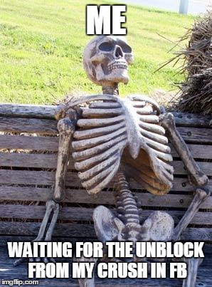 Waiting Skeleton | ME; WAITING FOR THE UNBLOCK FROM MY CRUSH IN FB | image tagged in memes,waiting skeleton | made w/ Imgflip meme maker
