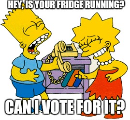 My vote | HEY, IS YOUR FRIDGE RUNNING? CAN I VOTE FOR IT? | image tagged in memes | made w/ Imgflip meme maker