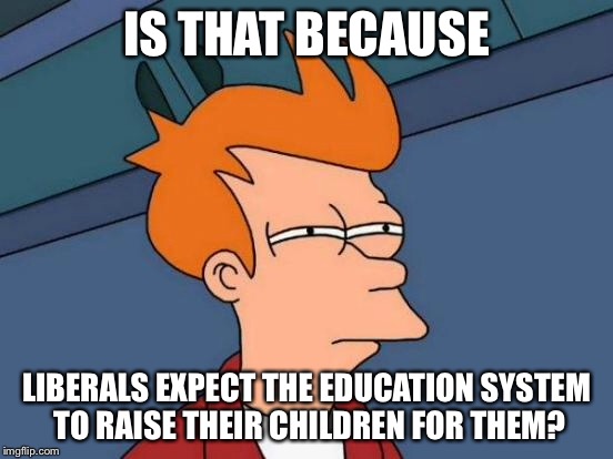 Futurama Fry Meme | IS THAT BECAUSE LIBERALS EXPECT THE EDUCATION SYSTEM TO RAISE THEIR CHILDREN FOR THEM? | image tagged in memes,futurama fry | made w/ Imgflip meme maker