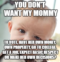 Apparently two entire generations are clueless about what "feminism" ACTUALLY is. Pick up a history book.  | YOU DON'T WANT MY MOMMY; TO VOTE, HAVE HER OWN MONEY, OWN PROPERTY, GO TO COLLEGE, GET A JOB, EXPECT BASIC RESPECT OR MAKE HER OWN DECISIONS? | image tagged in memes,skeptical baby | made w/ Imgflip meme maker