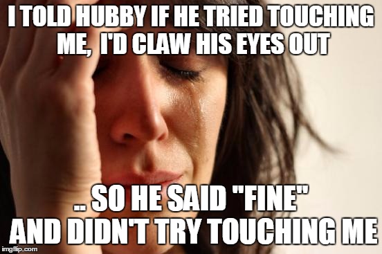 First World Problems Meme | I TOLD HUBBY IF HE TRIED TOUCHING ME,  I'D CLAW HIS EYES OUT .. SO HE SAID "FINE" AND DIDN'T TRY TOUCHING ME | image tagged in memes,first world problems | made w/ Imgflip meme maker