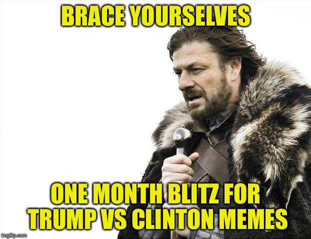 Brace Yourselves X is Coming | BRACE YOURSELVES; ONE MONTH BLITZ FOR TRUMP VS CLINTON MEMES | image tagged in memes,brace yourselves x is coming | made w/ Imgflip meme maker