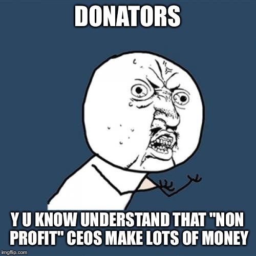 Y U No Meme | DONATORS; Y U KNOW UNDERSTAND THAT "NON PROFIT" CEOS MAKE LOTS OF MONEY | image tagged in memes,y u no | made w/ Imgflip meme maker