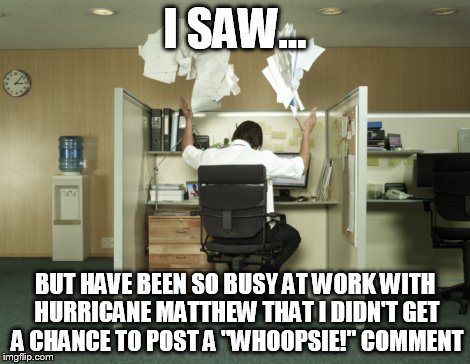 Toss Papers In The Air | I SAW... BUT HAVE BEEN SO BUSY AT WORK WITH HURRICANE MATTHEW THAT I DIDN'T GET A CHANCE TO POST A "WHOOPSIE!" COMMENT | image tagged in toss papers in the air | made w/ Imgflip meme maker