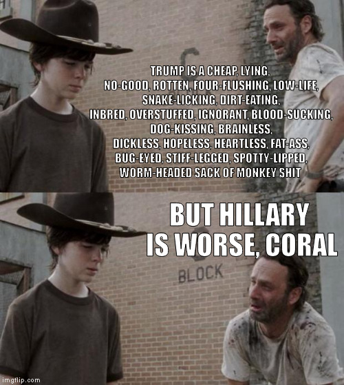 Rick and Carl Meme | TRUMP IS A CHEAP, LYING, NO-GOOD, ROTTEN, FOUR-FLUSHING, LOW-LIFE, SNAKE-LICKING, DIRT-EATING, INBRED, OVERSTUFFED, IGNORANT, BLOOD-SUCKING, DOG-KISSING, BRAINLESS, DICKLESS, HOPELESS, HEARTLESS, FAT-ASS, BUG-EYED, STIFF-LEGGED, SPOTTY-LIPPED, WORM-HEADED SACK OF MONKEY SHIT; BUT HILLARY IS WORSE, CORAL | image tagged in memes,rick and carl | made w/ Imgflip meme maker