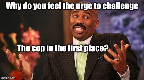 Steve Harvey Meme | Why do you feel the urge to challenge The cop in the first place? | image tagged in memes,steve harvey | made w/ Imgflip meme maker