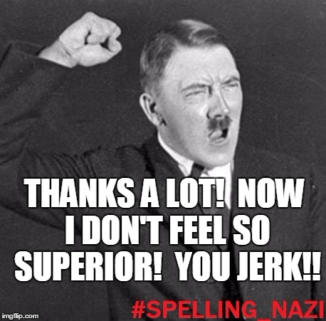 THANKS A LOT!  NOW I DON'T FEEL SO SUPERIOR!  YOU JERK!! | image tagged in spelling nazi | made w/ Imgflip meme maker