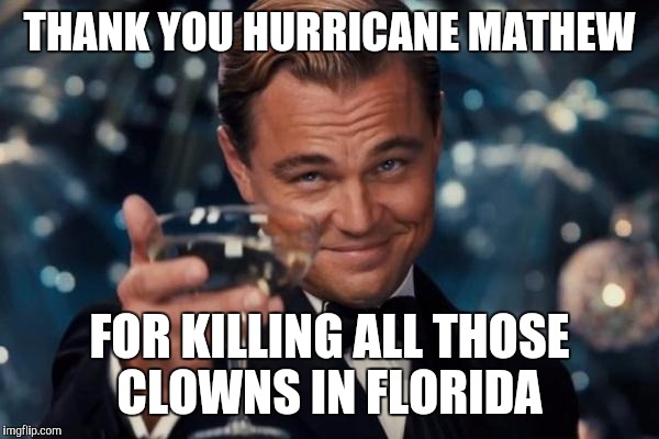 Leonardo Dicaprio Cheers Meme | THANK YOU HURRICANE MATHEW; FOR KILLING ALL THOSE CLOWNS IN FLORIDA | image tagged in memes,leonardo dicaprio cheers | made w/ Imgflip meme maker