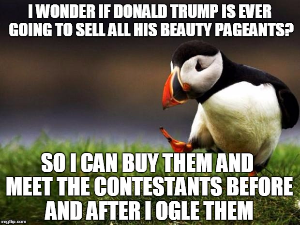 It Just an Unpopular Opinion | I WONDER IF DONALD TRUMP IS EVER GOING TO SELL ALL HIS BEAUTY PAGEANTS? SO I CAN BUY THEM AND MEET THE CONTESTANTS BEFORE AND AFTER I OGLE THEM | image tagged in memes,unpopular opinion puffin | made w/ Imgflip meme maker