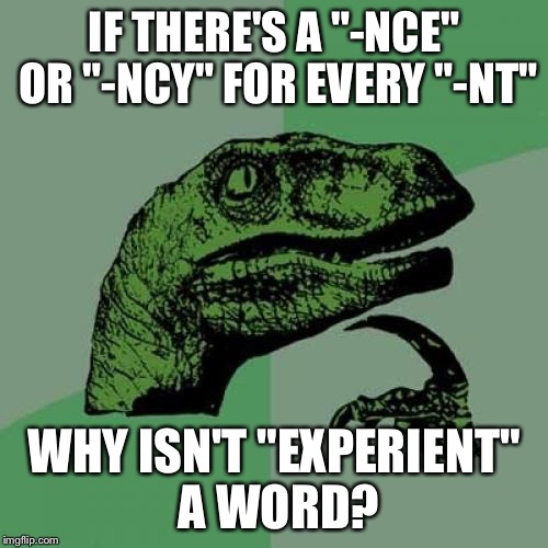 Philosoraptor | IF THERE'S A "-NCE" OR "-NCY" FOR EVERY "-NT"; WHY ISN'T "EXPERIENT" A WORD? | image tagged in memes,philosoraptor | made w/ Imgflip meme maker