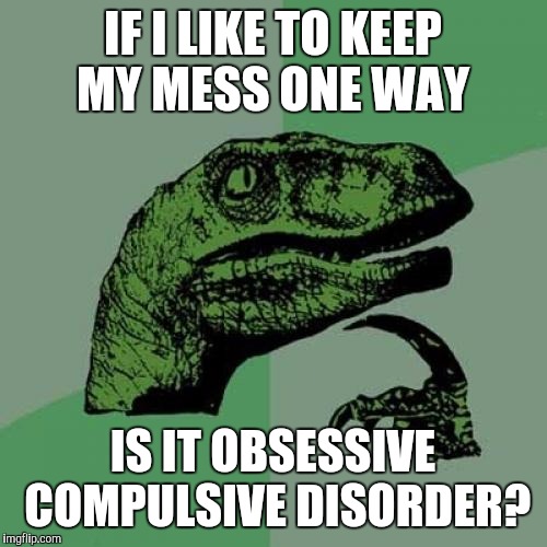 Philosoraptor | IF I LIKE TO KEEP MY MESS ONE WAY; IS IT OBSESSIVE COMPULSIVE DISORDER? | image tagged in memes,philosoraptor | made w/ Imgflip meme maker