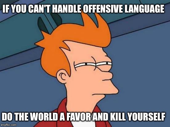 Reality Check | IF YOU CAN'T HANDLE OFFENSIVE LANGUAGE; DO THE WORLD A FAVOR AND KILL YOURSELF | image tagged in memes,futurama fry,hillary clinton,donald trump,bitches | made w/ Imgflip meme maker