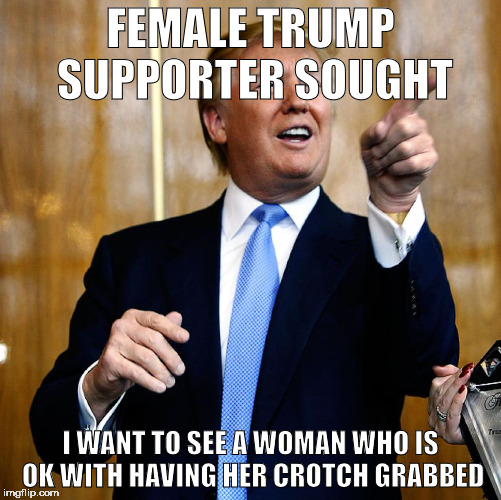 Donald Trump | FEMALE TRUMP SUPPORTER SOUGHT; I WANT TO SEE A WOMAN WHO IS OK WITH HAVING HER CROTCH GRABBED | image tagged in donald trump | made w/ Imgflip meme maker