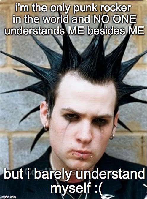 Punk Rock | i'm the only punk rocker in the world and NO ONE understands ME besides ME; but i barely understand myself :( | image tagged in punk,rock music,music,emo,depression,sad | made w/ Imgflip meme maker