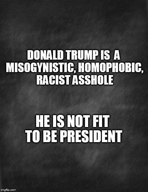 Fuck Trump | DONALD TRUMP IS 
A MISOGYNISTIC, HOMOPHOBIC, RACIST ASSHOLE; HE IS NOT FIT TO BE PRESIDENT | image tagged in black blank | made w/ Imgflip meme maker