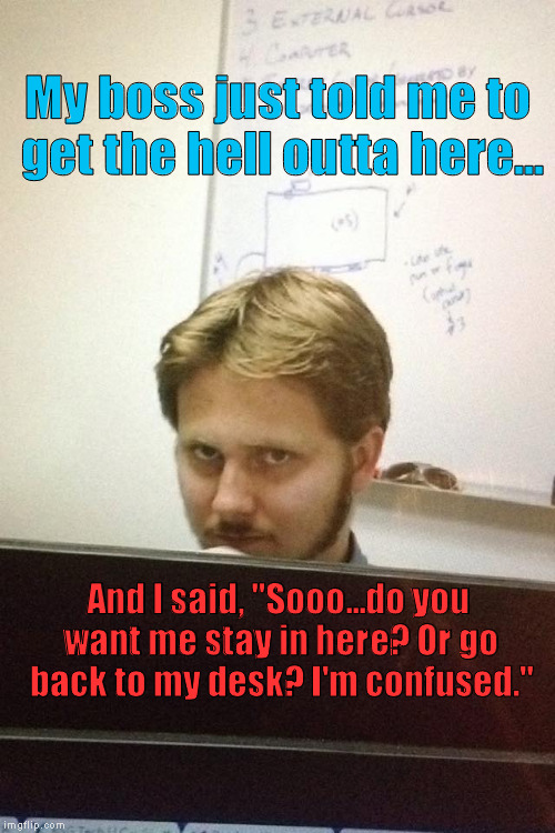 This Didn't Happen, But It's Funny... | My boss just told me to get the hell outta here... And I said, "Sooo...do you want me stay in here? Or go back to my desk? I'm confused." | image tagged in coworker,memes,work | made w/ Imgflip meme maker