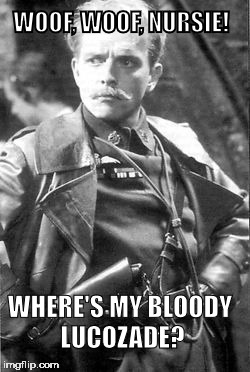 Sick Flashheart | WOOF, WOOF, NURSIE! WHERE'S MY BLOODY LUCOZADE? | image tagged in lucozade,ill | made w/ Imgflip meme maker