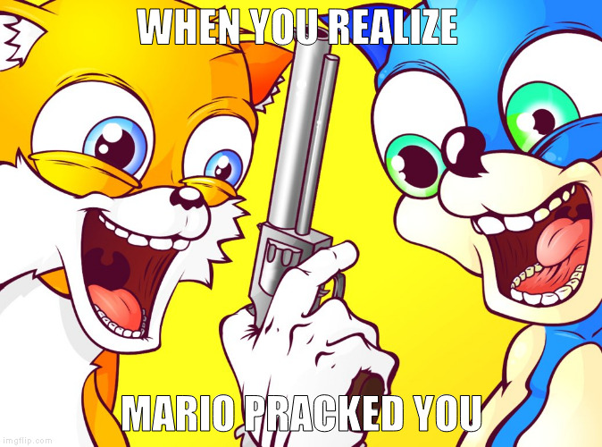 sanic with gun | WHEN YOU REALIZE; MARIO PRACKED YOU | image tagged in sanic with gun | made w/ Imgflip meme maker