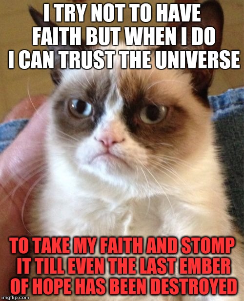 Grumpy Cats Ideas on Faith | I TRY NOT TO HAVE FAITH BUT WHEN I DO I CAN TRUST THE UNIVERSE; TO TAKE MY FAITH AND STOMP IT TILL EVEN THE LAST EMBER OF HOPE HAS BEEN DESTROYED | image tagged in memes,grumpy cat | made w/ Imgflip meme maker