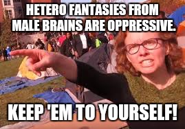 sjw | HETERO FANTASIES FROM MALE BRAINS ARE OPPRESSIVE. KEEP 'EM TO YOURSELF! | image tagged in sjw,don't write what you know | made w/ Imgflip meme maker