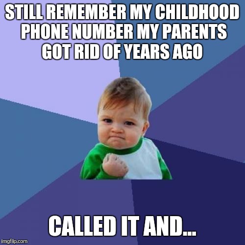 Success Kid | STILL REMEMBER MY CHILDHOOD PHONE NUMBER MY PARENTS GOT RID OF YEARS AGO; CALLED IT AND... | image tagged in memes,success kid | made w/ Imgflip meme maker