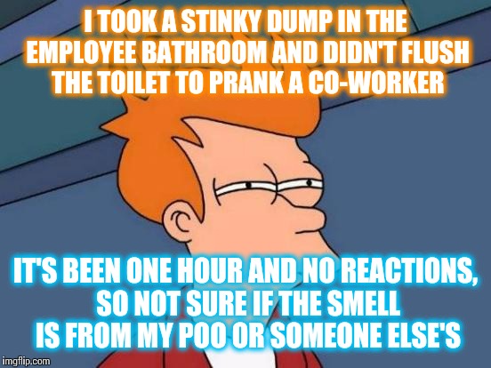 Futurama Fry | I TOOK A STINKY DUMP IN THE EMPLOYEE BATHROOM AND DIDN'T FLUSH THE TOILET TO PRANK A CO-WORKER; IT'S BEEN ONE HOUR AND NO REACTIONS, SO NOT SURE IF THE SMELL IS FROM MY POO OR SOMEONE ELSE'S | image tagged in memes,futurama fry | made w/ Imgflip meme maker