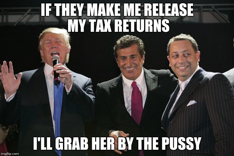 IF THEY MAKE ME RELEASE MY TAX RETURNS; I'LL GRAB HER BY THE PUSSY | image tagged in trump,hillary | made w/ Imgflip meme maker