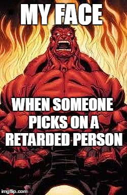 MY FACE WHEN SOMEONE PICKS ON A RETARDED PERSON | image tagged in red hulk | made w/ Imgflip meme maker