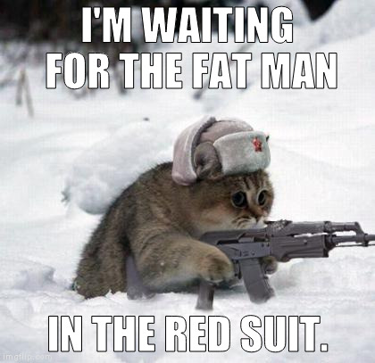 Cute Sad Soviet War Kitten | I'M WAITING FOR THE FAT MAN; IN THE RED SUIT. | image tagged in cute sad soviet war kitten | made w/ Imgflip meme maker