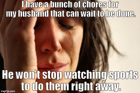 First World Problems | I have a bunch of chores for my husband that can wait to be done. He won't stop watching sports to do them right away. | image tagged in memes,first world problems | made w/ Imgflip meme maker