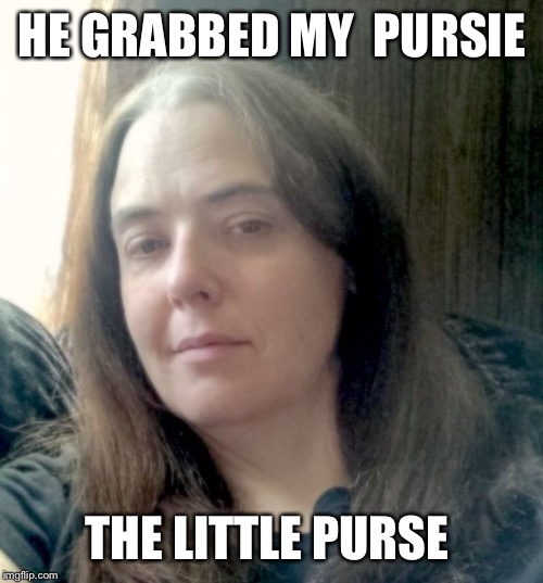 Sarah M | HE GRABBED MY 
PURSIE THE LITTLE PURSE | image tagged in sarah m | made w/ Imgflip meme maker