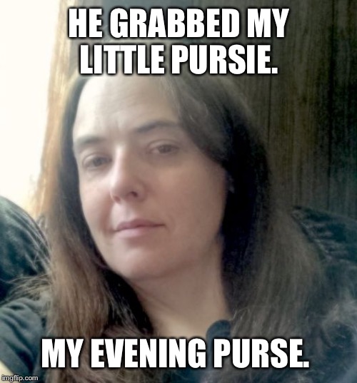 Sarah M | HE GRABBED MY LITTLE PURSIE. MY EVENING PURSE. | image tagged in sarah m | made w/ Imgflip meme maker