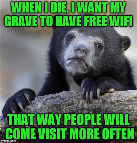 Confession Bear | WHEN I DIE, I WANT MY GRAVE TO HAVE FREE WIFI; THAT WAY PEOPLE WILL COME VISIT MORE OFTEN | image tagged in memes,confession bear | made w/ Imgflip meme maker
