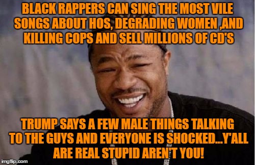 Yo Dawg Heard You | BLACK RAPPERS CAN SING THE MOST VILE SONGS ABOUT HOS, DEGRADING WOMEN ,AND KILLING COPS AND SELL MILLIONS OF CD'S; TRUMP SAYS A FEW MALE THINGS TALKING TO THE GUYS AND EVERYONE IS SHOCKED...Y'ALL ARE REAL STUPID AREN'T YOU! | image tagged in memes,yo dawg heard you | made w/ Imgflip meme maker