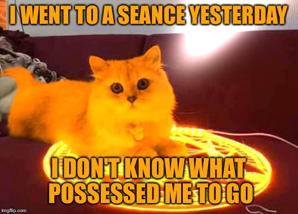 RayCat Powers | I WENT TO A SEANCE YESTERDAY; I DON'T KNOW WHAT POSSESSED ME TO GO | image tagged in raycat powers | made w/ Imgflip meme maker