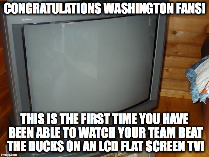 CONGRATULATIONS WASHINGTON FANS! THIS IS THE FIRST TIME YOU HAVE BEEN ABLE TO WATCH YOUR TEAM BEAT THE DUCKS ON AN LCD FLAT SCREEN TV! | image tagged in husky fans,go ducks,college football,duck football,washington football,flat screen | made w/ Imgflip meme maker