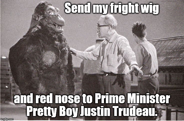Kong with Director | Send my fright wig and red nose to Prime Minister Pretty Boy Justin Trudeau. | image tagged in kong with director | made w/ Imgflip meme maker