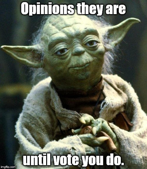 Backwards he talks, but sense he makes | Opinions they are until vote you do. | image tagged in memes,star wars yoda,voting,duty,conscience | made w/ Imgflip meme maker