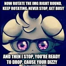 Espurr glasses | NOW ROTATE THE IMG RIGHT ROUND, KEEP ROTATING, NEVER STOP, GET BUSY AND THEN I STOP, YOU'RE READY TO DROP, CAUSE YOUR DIZZY | image tagged in espurr glasses | made w/ Imgflip meme maker