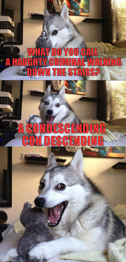 So witty, it's criminal | WHAT DO YOU CALL A HAUGHTY CRIMINAL WALKING DOWN THE STAIRS? A CONDESCENDING CON DESCENDING | image tagged in memes,bad pun dog,criminal,stairs,wordplay | made w/ Imgflip meme maker