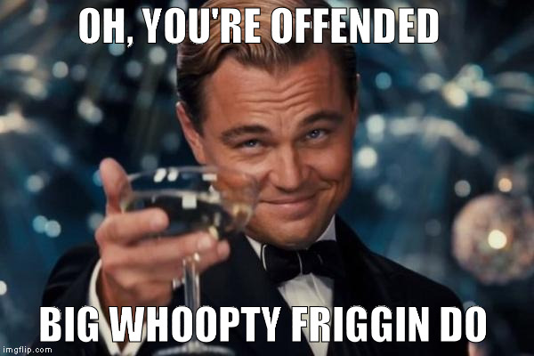 Leonardo Dicaprio Cheers | OH, YOU'RE OFFENDED; BIG WHOOPTY FRIGGIN DO | image tagged in memes,leonardo dicaprio cheers | made w/ Imgflip meme maker