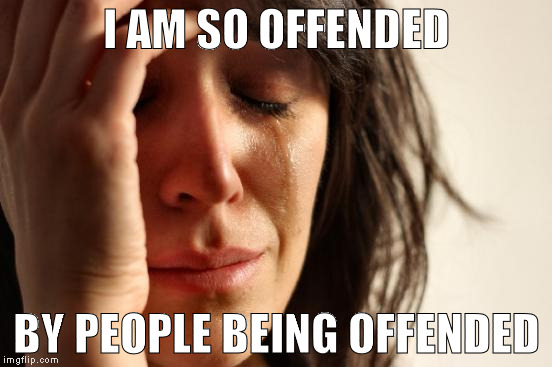 First World Problems Meme | I AM SO OFFENDED; BY PEOPLE BEING OFFENDED | image tagged in memes,first world problems | made w/ Imgflip meme maker