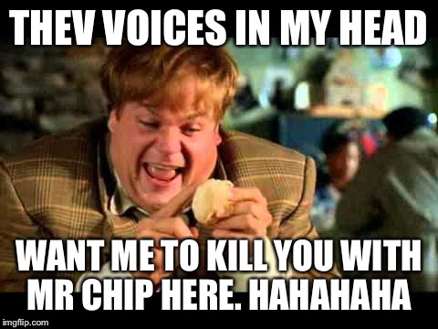 Chris farley | THEV VOICES IN MY HEAD; WANT ME TO KILL YOU WITH MR CHIP HERE. HAHAHAHA | image tagged in chris farley | made w/ Imgflip meme maker