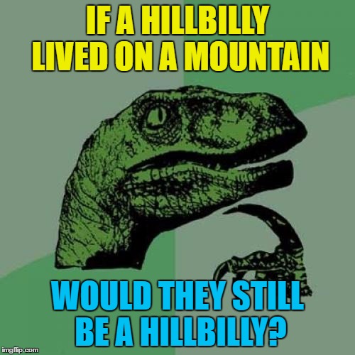 "Mountainbilly" doesn't quite sound right... | IF A HILLBILLY LIVED ON A MOUNTAIN; WOULD THEY STILL BE A HILLBILLY? | image tagged in memes,philosoraptor,hillbilly,hillbillies,mountains | made w/ Imgflip meme maker