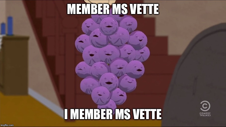 Member Berries | MEMBER MS VETTE; I MEMBER MS VETTE | image tagged in member berries | made w/ Imgflip meme maker