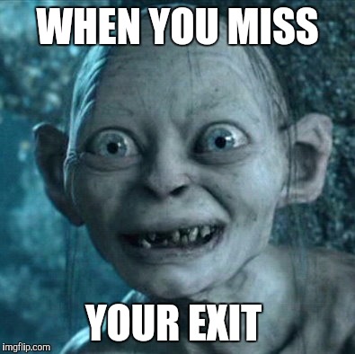 Next exit: 8 miles | WHEN YOU MISS; YOUR EXIT | image tagged in memes,gollum | made w/ Imgflip meme maker